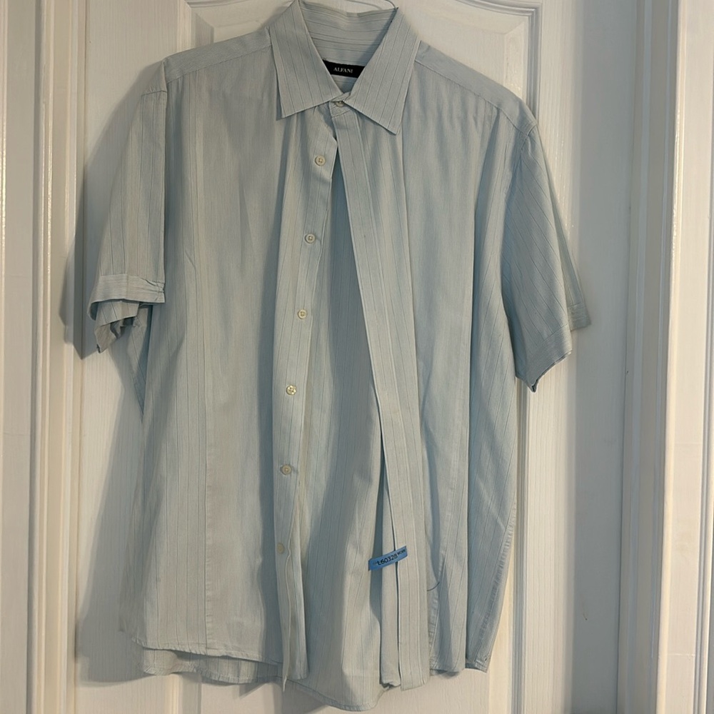 Alfani Short Sleeve Button Up Shirt (Light Blue Pinstriped)